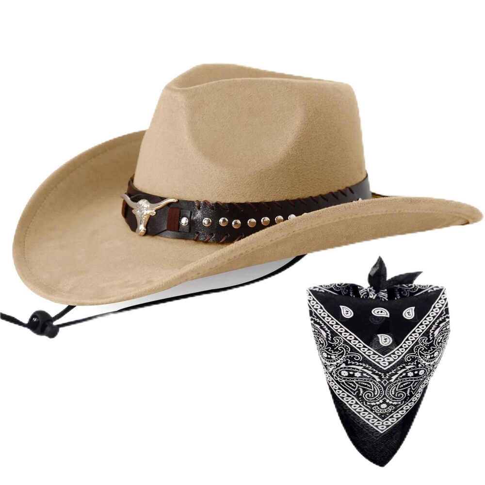 1632 Cowboy Hat with Bandana Set - Adjustable Wide Brim Western Hat &